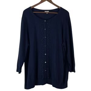 Talbots Women's Navy Blue Cardigan Sweater Size 3X Embellished Cotton GUC